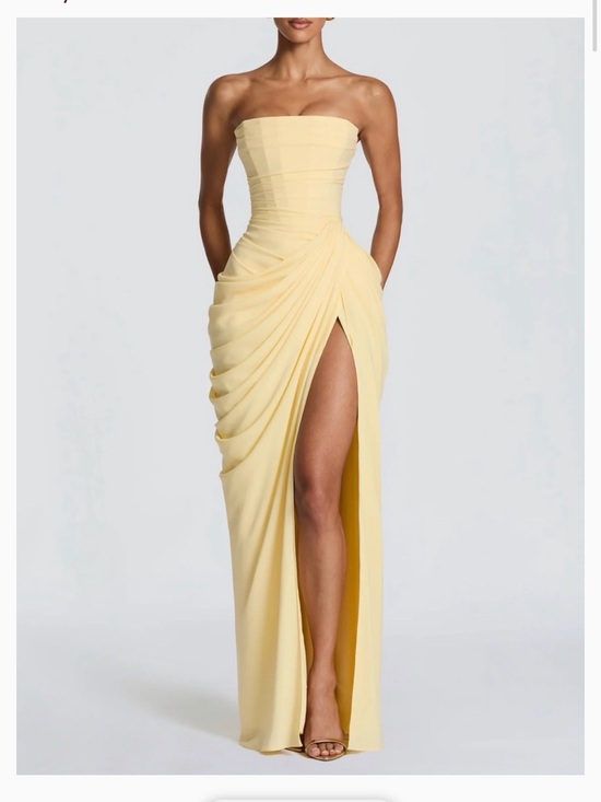 Babyboo Fashion Dresses & Skirts - Strapless Pale Yellow Draped High-Slit Evening Gown